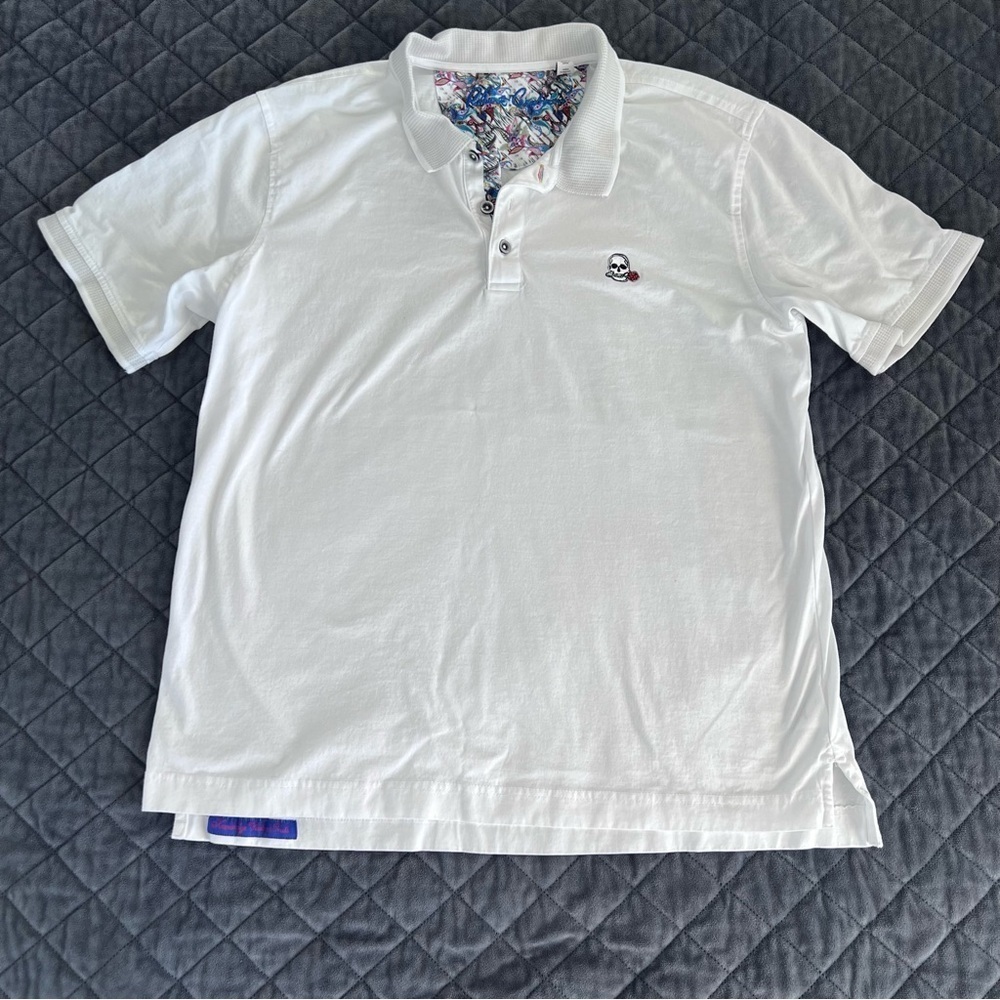 Robert Graham Polo Shirt Mens Large White Classic Fit Short Sleeve Skull rose G
